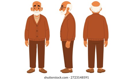 Elder Man Vector, Old Man Cartoon Character, Cultural Outfit Illustration, Flat Character Design