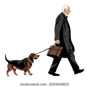 Homem mais velho andando com basset. Ilustração isolada de vetor isolada em fundo branco.