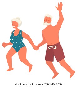 Elder man and woman on vacation enjoying summer holidays. Senior people wearing swimsuits running and having fun. Seaside and rest by ocean shore, grandmother and grandfather. Vector in flat