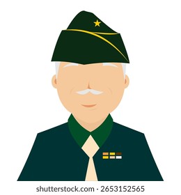 Elder national veteran in green army suit, tie, and mut cap, looking proud and dignified, flat art design style.
