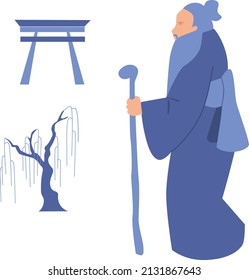 Elder. Old man in kimano. Sage. Eastern doctor. Flat vector illustration
