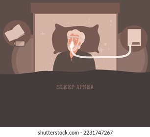 Elder, old man in mask sleeping with Cpap machine, concept of healthy sleeping.(CPAP) therapy treatment obstructive sleep apnea. Sleeping problems and disorders collections. 