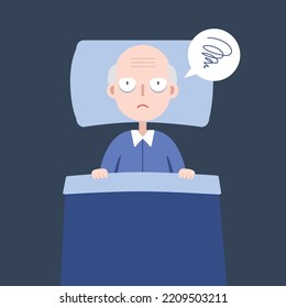 Elder on the bed can not sleep. insomnia and sleeplessness. vector illustration.