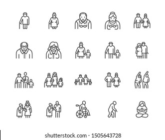 Elder people care flat line icons set. Senior couple, nursing home, happy old man exercising, patient support vector illustrations. Outline signs older citizens. Pixel perfect. Editable Strokes.
