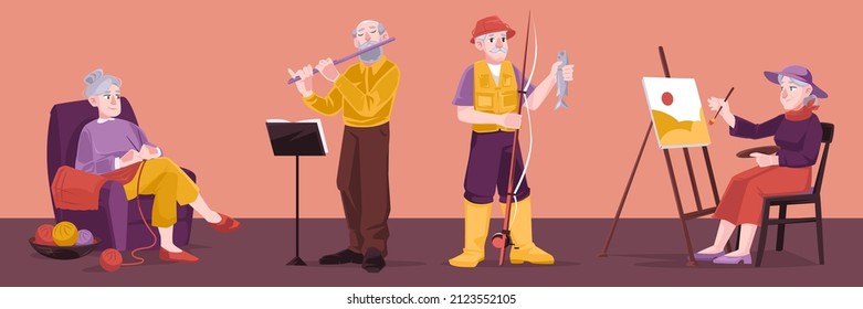 Elder people hobbies, fishing, painting, knitting and play music. Vector set of flat illustration with senior men and women with flute, fish, easel and yarn. Grandparents enjoy hobby on retirement