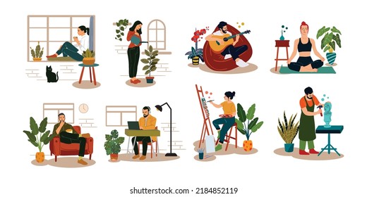 Elder people at home set. Old men and women daily life, leisure and household activities, hobbis. Daily Activity fine arts, drawing, playing music and yoga meditation flat style