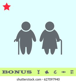 Elder People icon flat. Grey pictogram on blue background. Vector illustration symbol and bonus buttons medal, cow, earth, eye, calculator