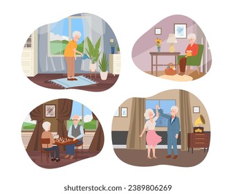 Elder people at leisure, hobby and daily routine. Active senior people lifestyle vector illustration set. Old people dance, play chess, knit, water house plants.