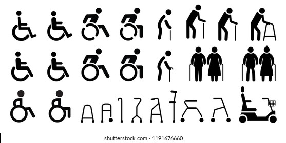 Elder people. Medical health, human orthopedic sign. Person with a disability, people with disability or physical handicap. Flat vector pictogram or symbol. Mobility symbol. Cartoon Stickman.