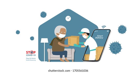 elder person receives parcel delivery via smartphone during situation of COVID-19 which people should stay at home and practice social distancing to stop the outbreak, smart technology concept.