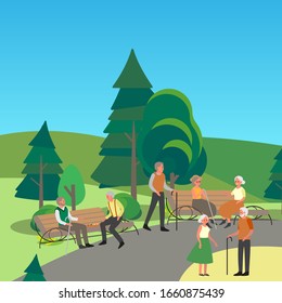 Elder person walking in the park. Old people sitting on the bench together. Senior man and woman in the park. Isolated vector illustration in cartoon style