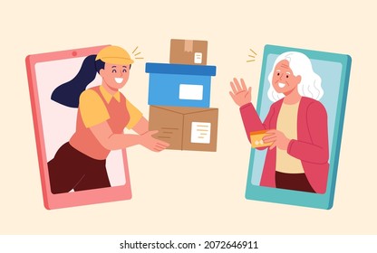 Elder receiving goods bought online. Flat illustration of a female courier handing parcels to an elderly customer