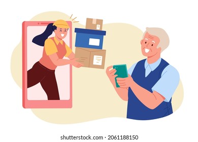 Elder receiving parcels delivery. Flat illustration of a female courier delivering packages to an elderly man