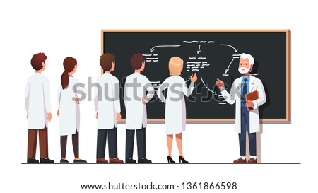Elder science professor explaining diagram on class blackboard to intern students group wearing lab coats. Scientist team talking to academic solving scientific problem. Flat vector illustration