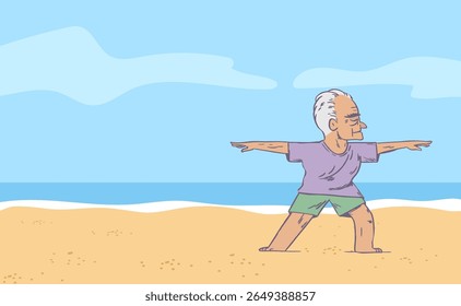 Elder senior man doing yoga and stretching at the beach, vector illustration.