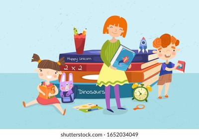 Elder sister preparing to read stories to her little brother and sister and their pet rabbit in a colorful vector illustration