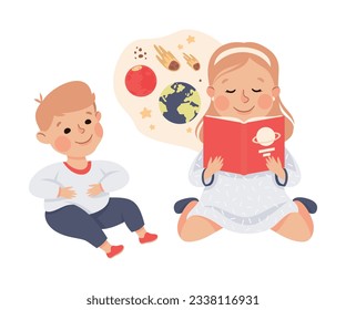 Elder sister reading book to little brother. Happy girl and boy having good time together cartoon vector illustration