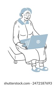 Elder smiling woman sitting with laptop and communicate with someone. Contrast doodle illustration isolated on white background. Vector outline drawing of active aging for logo, sticker