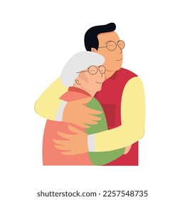 Elder son hugs his old aged mother flat illustration