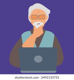 Elder taking online tutor lessons. Flat illustration of elderly man getting e-learning courses on laptop. seniors in technology classes with laptops