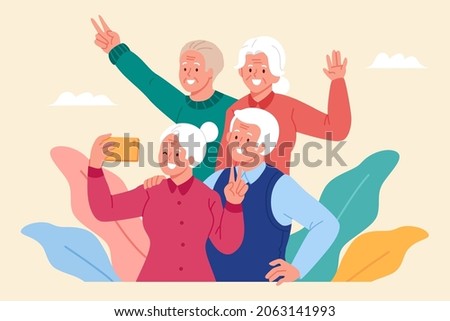Elder taking selfie on a group tour. Flat illustration of an elderly woman using smartphone to take self-portrait for partners