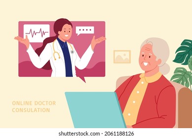 Elder With Telemedicine Support. Flat Illustration Of Female Doctor Consulting A Elderly Woman Via Online Video Call