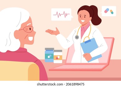 Elder with telemedicine support. Flat illustration of female doctor consulting a elderly woman about drug use and health check via online video call