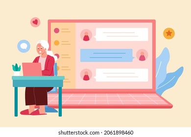 Elder texting via messaging App. Flat illustration of an elderly woman sending text messages using computer software