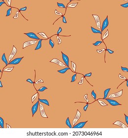 Elder tree leaf seamless vector pattern background. Elegant orange blue backdrop sprigs of pinnate leaves. Abstract hand drawn botanical feather-like medicinal foliage. Scattered repeat for wellness