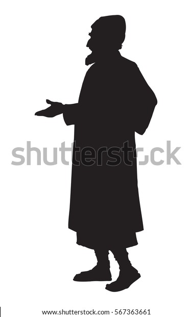 Elder wise chaldean sage priest\
in ethnic middle east Aramaic biblical wear: tunic suit, tallith,\
cap. Black ink hand drawn picture in vintage engraving\
style