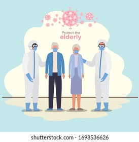 Elder woman and man with masks and doctors with protective suits against Covid 19 design of Medical emergency and patient theme Vector illustration