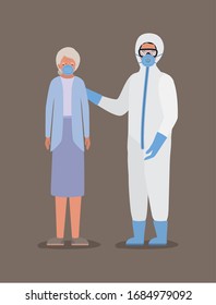Elder woman with mask and doctor with protective suit against Covid 19 design of Medical hygiene health emergency and patient theme Vector illustration