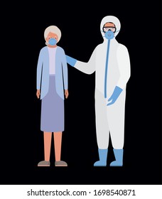 Elder woman with mask and doctor with protective suit against Covid 19 design of Medical care hygiene health emergency and patient theme Vector illustration