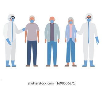 Elder woman and men with masks and doctors with protective suits against Covid 19 design of Medical emergency and patient theme Vector illustration