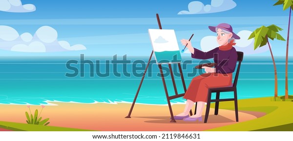 Elder woman painting on sea beach on plein air.\
Vector cartoon illustration of summer tropical landscape of ocean\
shore with sand, palm trees and grandmother sitting on chair with\
brush and easel