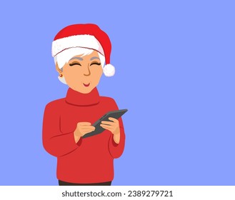 Elder Woman Shopping Online for Christmas Vector Cartoon. Senior adult person spending money with computer tablet ready for holidays presents