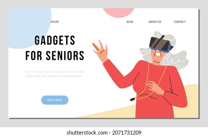 Elder woman wearing VR glasses playing game. Grandma is having fun with gadgets and technology while retired. Vector illustration of senior gadget.