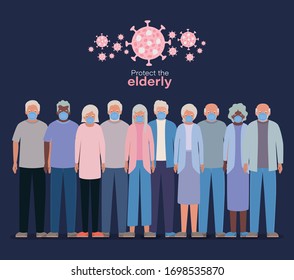 Elder women and men with masks against Covid 19 design of Medical care hygiene health emergency and patient theme Vector illustration