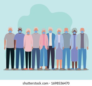 Elder women and men with masks against Covid 19 design of Medical care hygiene health emergency and patient theme Vector illustration