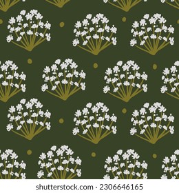 elderberry blossom pattern. inflorescences of white flowers on a green background. botanical pattern with endless repeating plants. minimalistic floral background