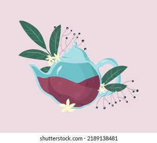 Té de hierbas de Elderberry. Ilustración vectorial del té rojo en una tetera con bayas, hojas y flores blancas para una impresión o aplicación de empaque.