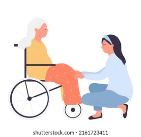 Eldercare For People With Disability. Supporting And Assistance For Seniors Vector Illustration