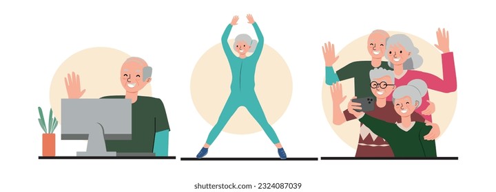 elderlies doing different activities, talking on the computer with grandchildren, elderly people with friends, elderly woman working out. vector illustration.