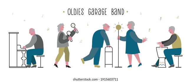 Elderlies, seniors sing and play in a band. Couple sings with enthusiasm. Oldies mens piano, drum play. Lady maracas plays. Concept vector illustration for nursing home banner, web, club.