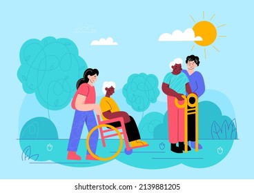 Elderlies walk in park. Volunteers help seniors, personal caretakers, grandparents outdoor, social workers patients caring, grandmother in wheelchair, vector cartoon flat isolated concept