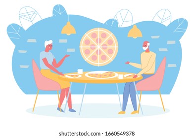 Elderly Active Couple, Man and Woman Characters Visiting Pizzeria Restaurant Together. Senior Retirement Age People Lifestyle, Social Connections and Communication. Flat Cartoon Vector Illustration.