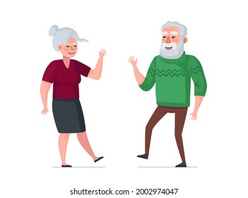 Elderly active joyful man and woman couple dancing. Healthy happy old age concept. People seniors enjoy spending time together on dance party. Grandma and Grandpa celebrate marriage date illustration