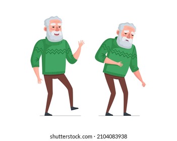 Elderly active joyful and unhealthy sick pensioner comparison. Healthy happy and sad tired old age concept. Weakness senior male and bearded aged man in sweater dancing. Grandpa vector illustration