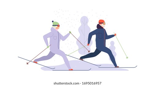 Elderly active life. Winter sports, old people ski in snowy forest. Park activity, grandparens workout vector illustration