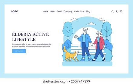 Elderly active lifestyle concept. Senior couple walking with dog in a park. Promoting health and wellbeing in old age. Vector illustration.